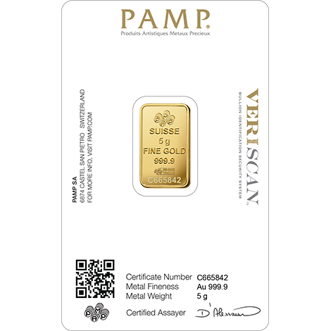 5 Gram PAMP Suisse Gold Bar (In Assay)