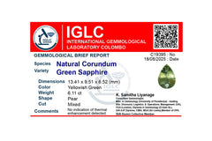 NATURAL CORUNDUM Yellowish Green Ceylon Sapphire – 6.11 Carats | Pear Mixed Cut, IGLC Certified